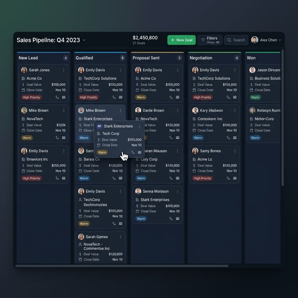 ZWhatsApp CRM Pipeline — Sales Kanban board